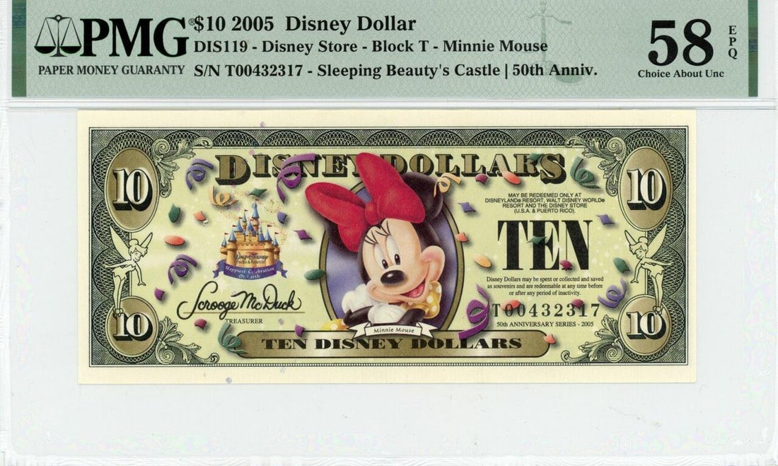 2005 $10 Minnie Mouse Disney Dollar PMG 58EPQ: One 2005 $10 Minnie Mouse Disney Dollar PMG 58EPQ.