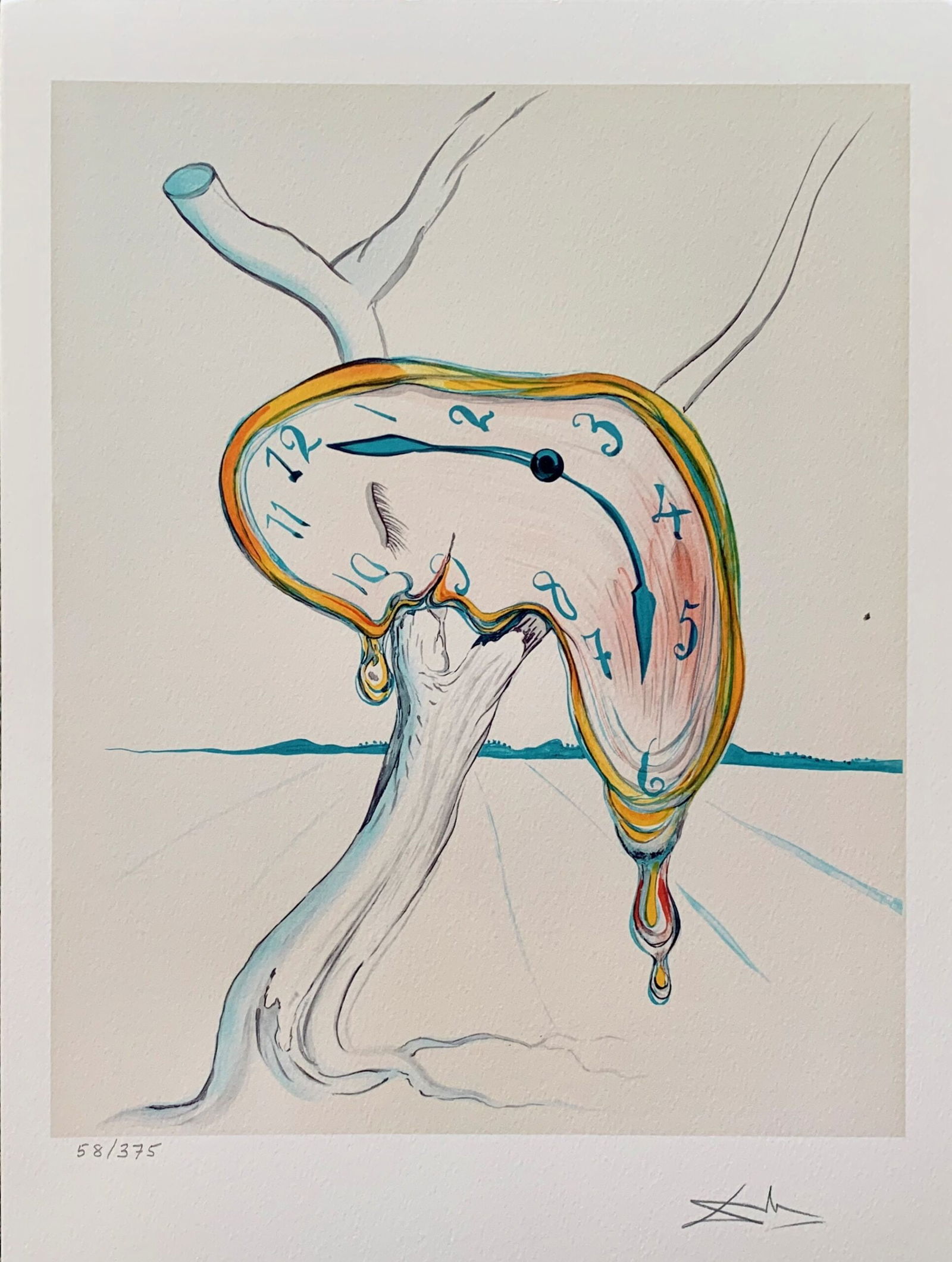 Salvador Dali MELTING CLOCK Facsimile Signed & Numbered Giclee: This is a limited edition giclee titled Melting Clock by Salvador Dali. This piece is facsimile signed on the lower right. Pencil numbered from an edition of 375. Paper measures 17 inches x 12 inches.