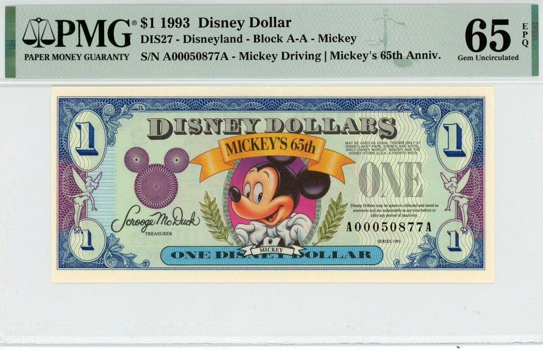 1993 $1 Mickey 65th Anniversary Disney Dollar PMG 65EPQ (1 of 2)