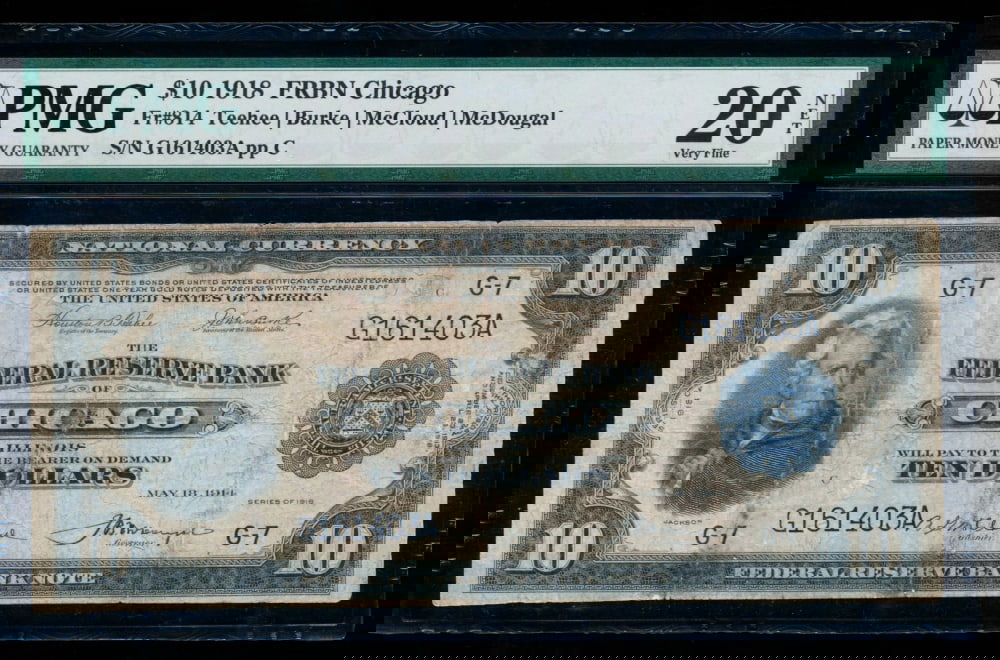 1918 $10 Chicago FRBN PMG 20NET: One 1918 $10 Chicago FRBN PMG 20NET.