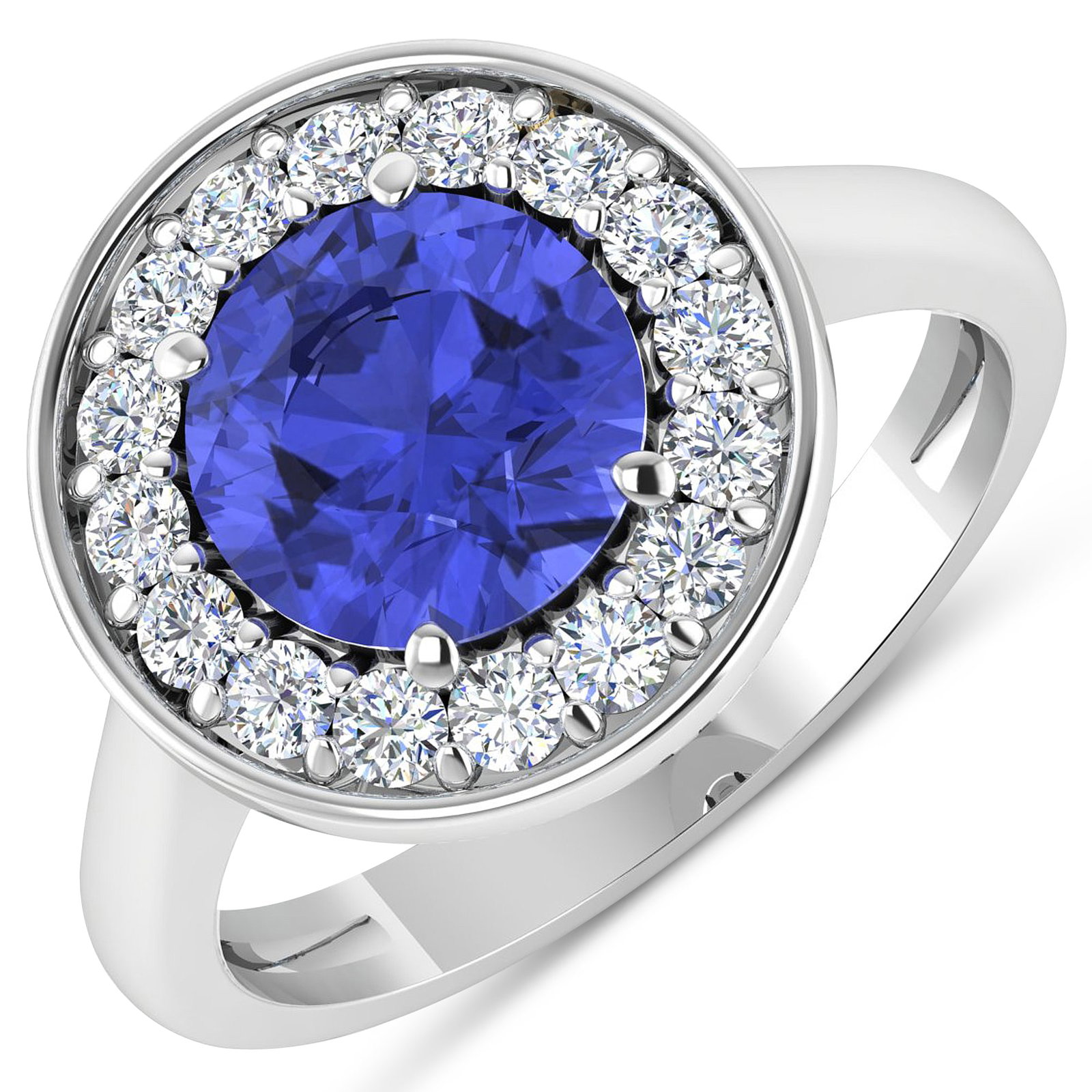14KT White Gold 2.02ct Tanzanite and Diamond Ring: Tanzanite (AA+) Round 8.00mm - 1Pc + White Diamond F/C Round 2.00mm - 16Pcs ( Diamond Quality : SI-2/HI ). Total weight of gemstone is 2.02cts. Total weight of Diamonds is 0.48cts. Total weight of