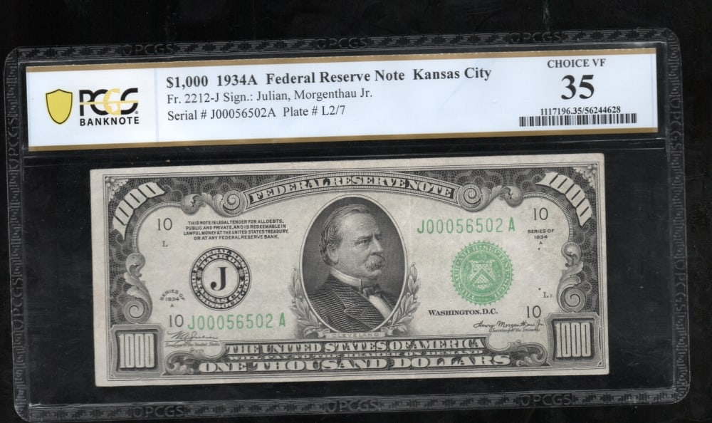 1934A $1000 Kansas City FRN PCGS 35: One 1934A $1000 Kansas City FRN PCGS 35.