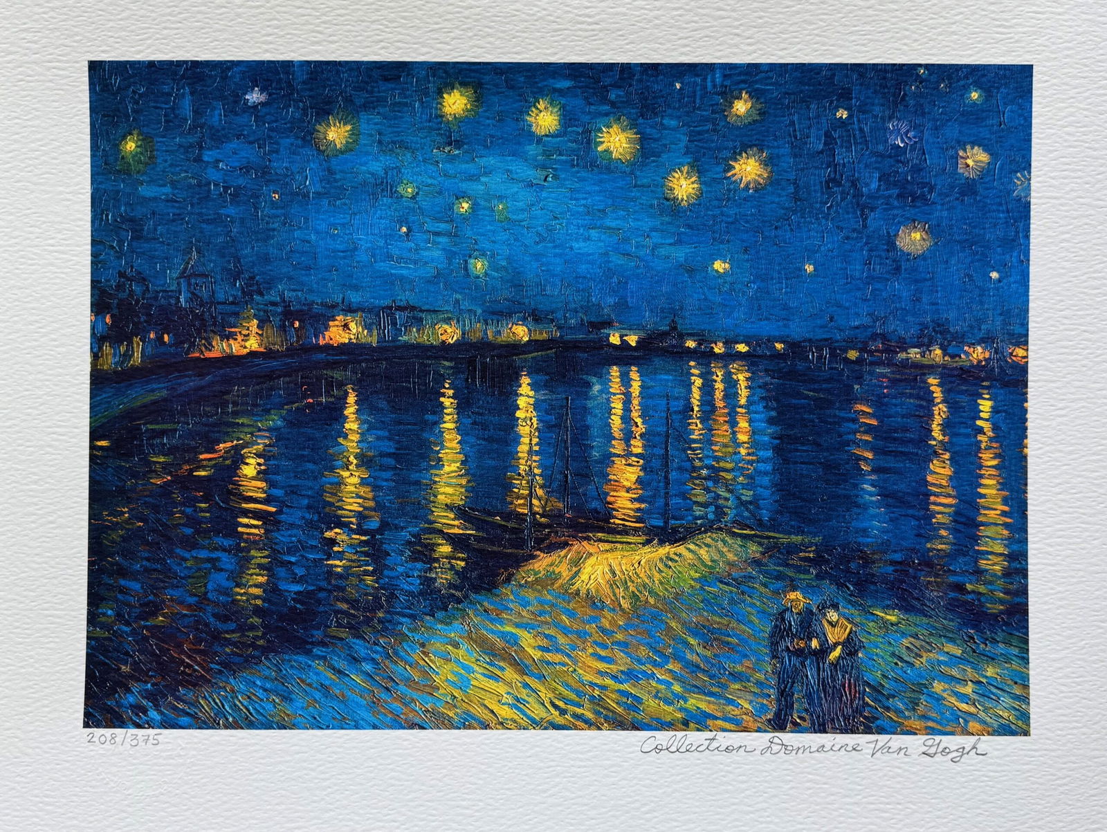Vincent Van Gogh STARLIGHT OVER RHONE Estate Signed Limited Edition Giclee: This is a VINCENT VAN GOGH (ESTATE COLLECTION DOMAINE) reproduction giclee titled STARLIGHT OVER RHONE. This piece is pencil signed on the lower right as Collection Domaine Van Gogh and has an