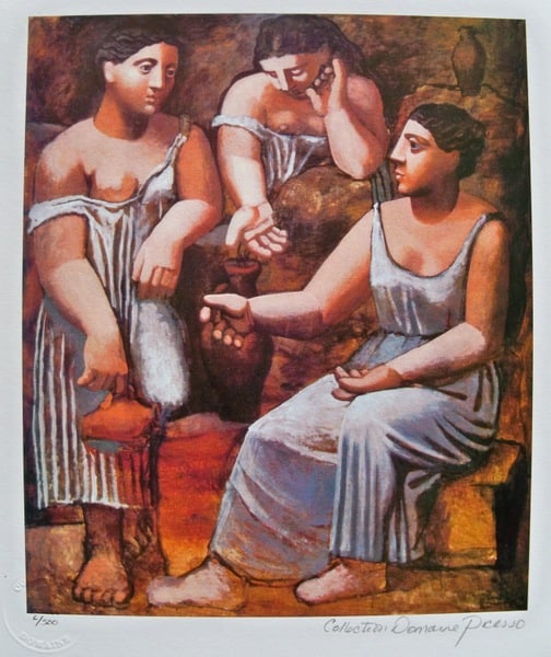 Pablo Picasso THREE SISTERS Estate Signed Limited Edition Giclee: This is a PABLO PICASSO (ESTATE COLLECTION DOMAINE) (1881-1973) small giclee titled THREE SISTERS. This piece is pencil signed on the lower right as Collection Domaine Picasso and has an embossed seal
