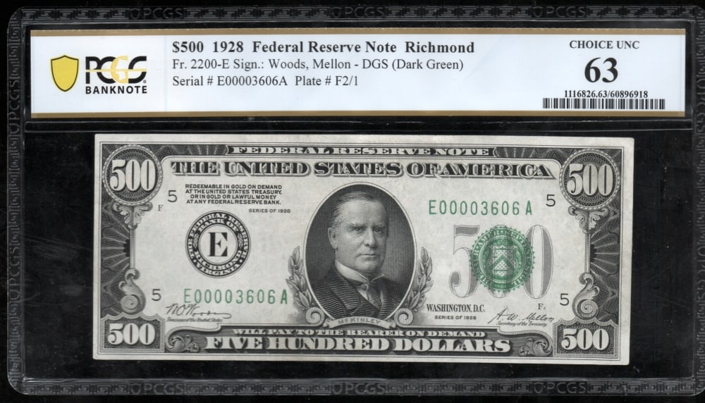 1928 $500 Richmond FRN PCGS 63: One 1928 $500 Richmond FRN PCGS 63.