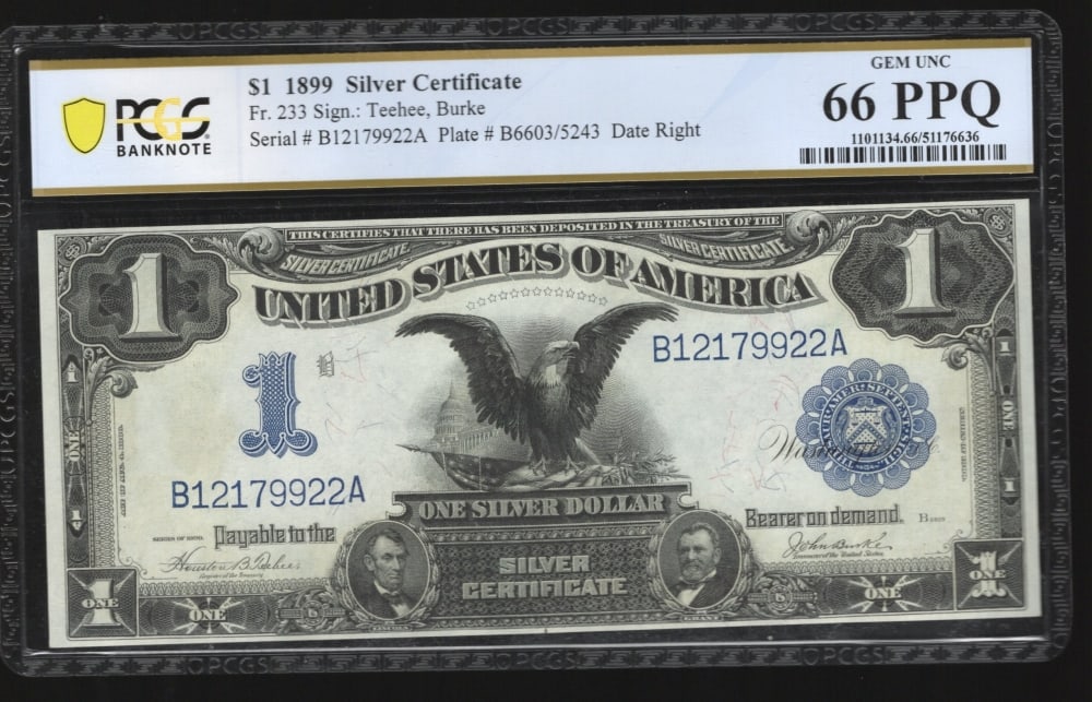 1899 $1 Black Eagle Silver Certificate PCGS 66PPQ: One 1899 $1 Black Eagle Silver Certificate PCGS 66PPQ.