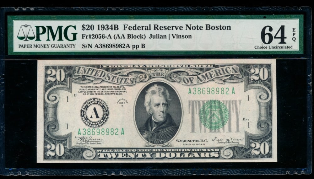 1934B $20 Boston FRN PMG 64EPQ: One 1934B $20 Boston FRN PMG 64EPQ.