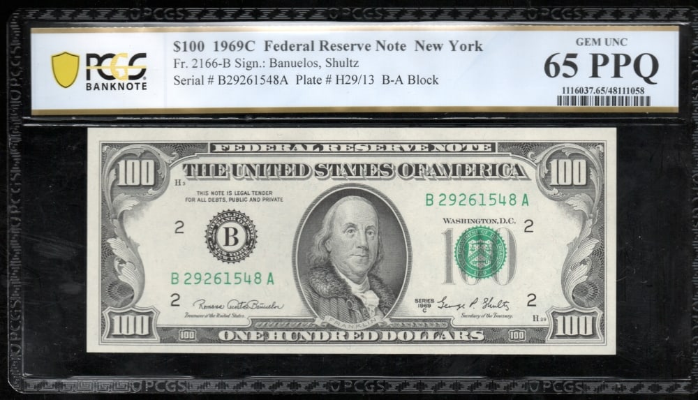 1969C $100 New York FRN PCGS 65PPQ: One 1969C $100 New York FRN PCGS 65PPQ.