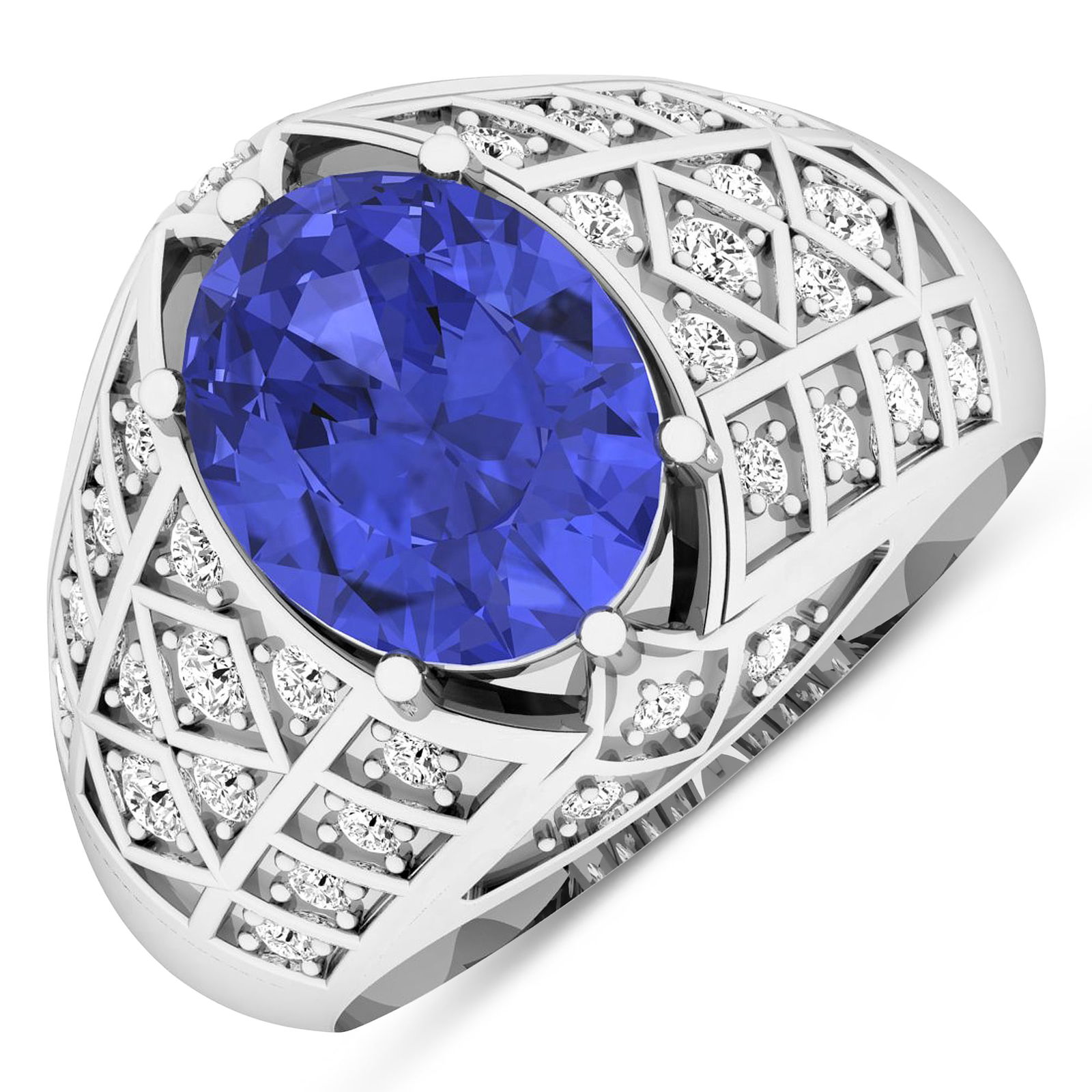 14KT White Gold 2.21ctw Tanzanite and Diamond Ring: Tanzanite (AA+) Oval 10x8mm - 1Pc + White Diamond F/C Round 1.80mm - 4Pcs + White Diamond F/C Round 1.50mm - 8Pcs + White Diamond F/C Round 1.30mm - 16Pcs + White Diamond F/C Round 1.20mm - 6Pcs (