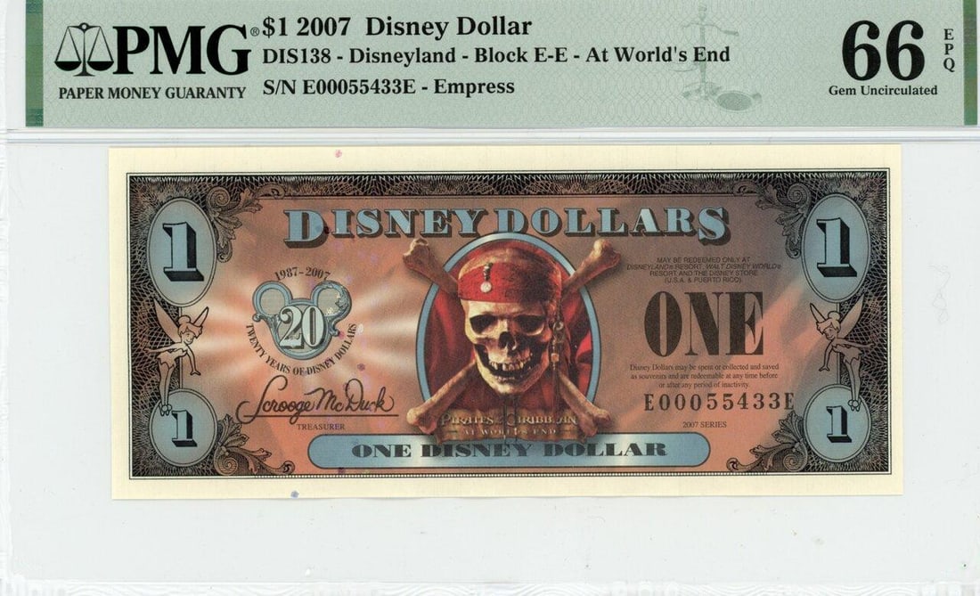2007 $1 At Worlds End Disney Dollar PMG 66EPQ (1 of 2)