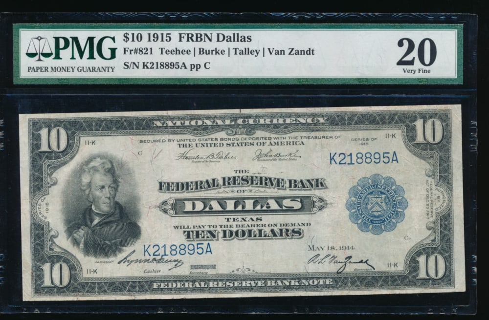 1915 $10 Dallas FRBN PMG 20: One 1915 $10 Dallas FRBN PMG 20. Very Rare only 10 known for the Dallas district.