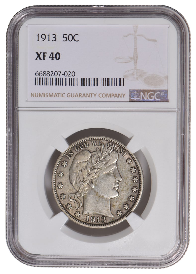 1913 Barber Half Dollar NGC XF40: One 1913 Barber Half Dollar NGC XF40.