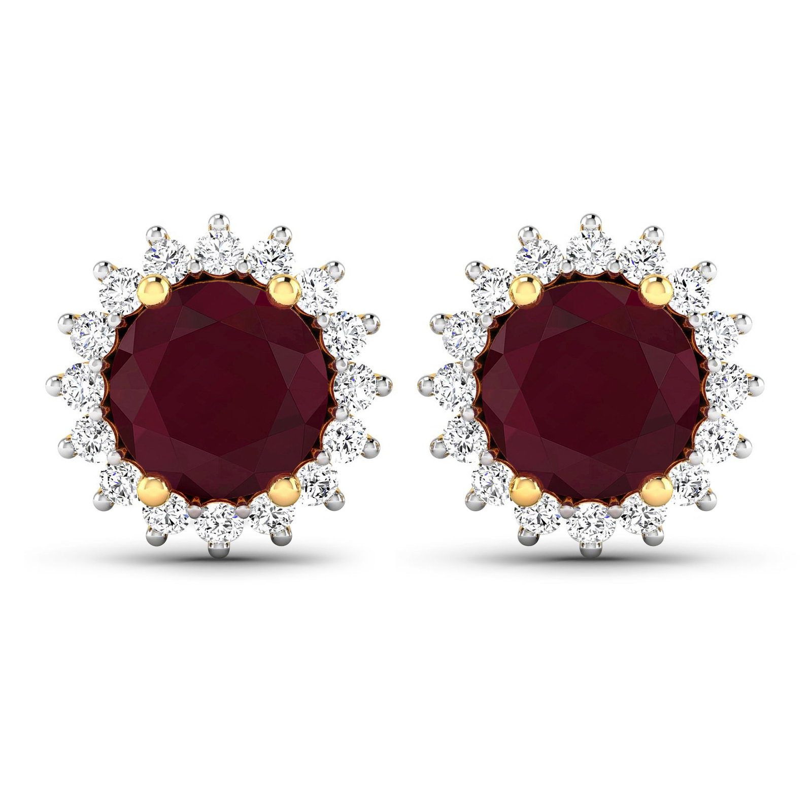 14KT Yellow Gold 2.1ctw Ruby and Diamond Earrings: Ruby (AA) Round 6.00mm - 2Pcs + White Diamond F/C Round 1.30mm - 32Pcs ( Push-Post ) ( White Pan Rhodium ) ( I1-I2/I color ) Total weight of gemstones is 2.1cts. Total Diamond weight is 0.32cts.