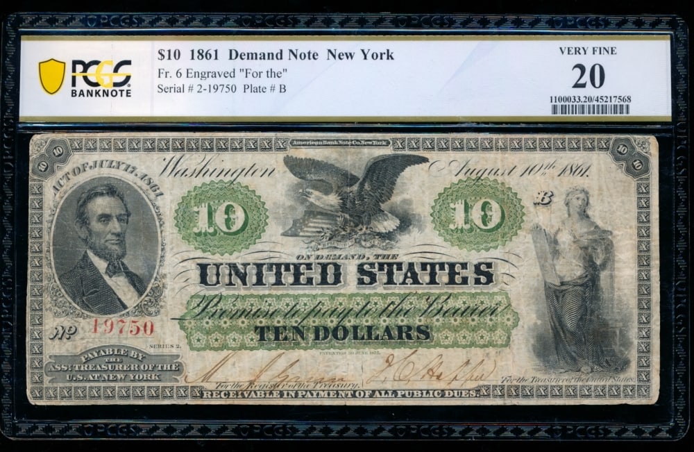 1861 $10 Demand Note PCGS 20: One 1861 $10 Demand Note PCGS 20.