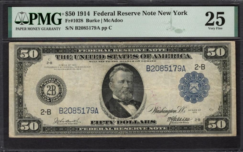 1914 $5 New York FRN PMG 25: One 1914 $5 New York FRN PMG 25.