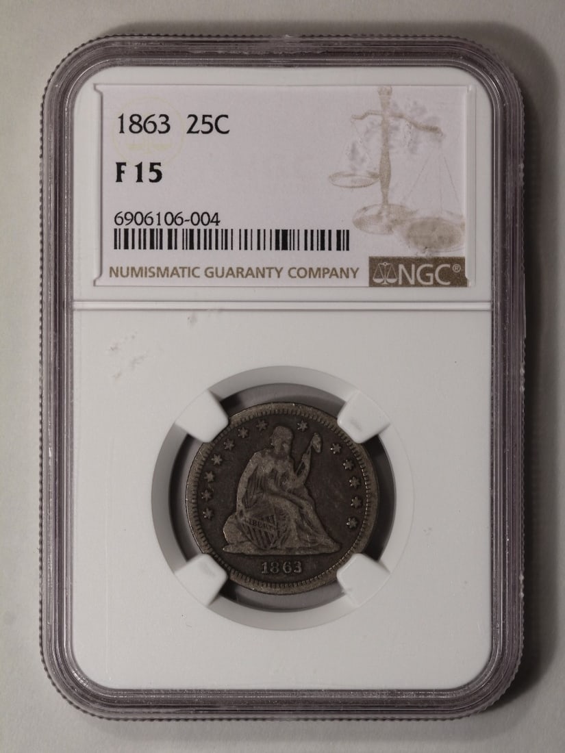 1863 Seated Liberty No Motto Quarter NGC F15: One 1863 Seated Liberty No Motto Quarter NGC F15.