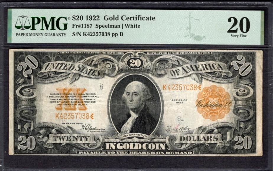 1922 $20 Gold Certificate PMG 20: One 1922 $20 Gold Certificate PMG 20.
