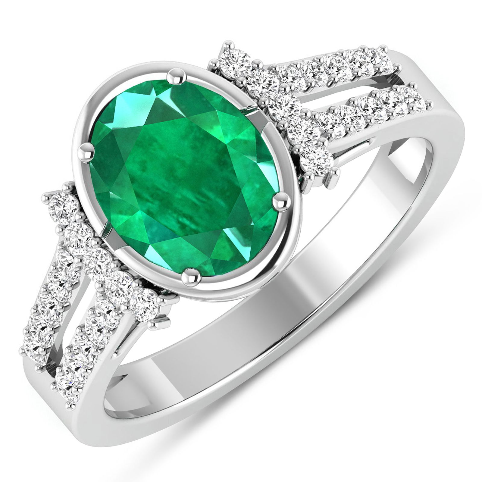 14KT White Gold 1.53ctw Zambian Emerald and Diamond Ring: Zambian Emerald (AA) Oval 9x7mm - 1Pc + White Diamond F/C Round 1.30mm - 30Pcs ( SI-2/HI ) Total weight of gemstone is 1.53cts. Total Diamond weight is 0.3cts. Total weight of this ring is 3.22