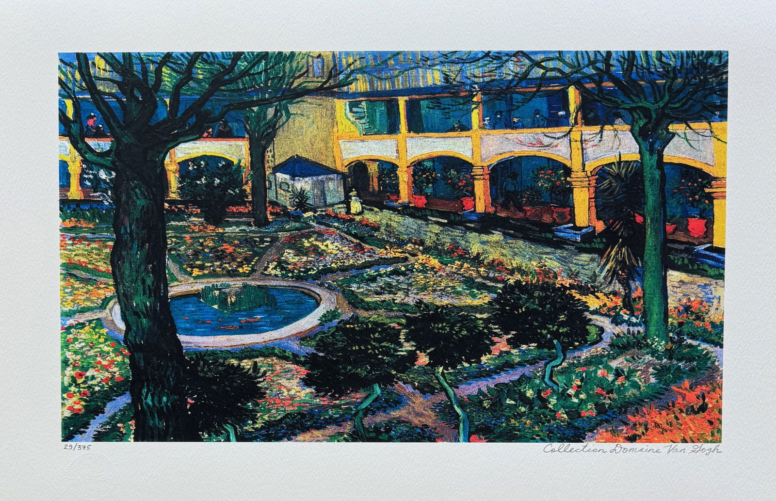 Vincent Van Gogh COURTYARD HOSPITAL AT ARLES Estate Signed Limited Edition Giclee: This is a VINCENT VAN GOGH (ESTATE COLLECTION DOMAINE) reproduction giclee titled THE COURTYARD OF THE HOSPITAL AT ARLES. This piece is pencil signed on the lower right as Collection Domaine Van Gogh