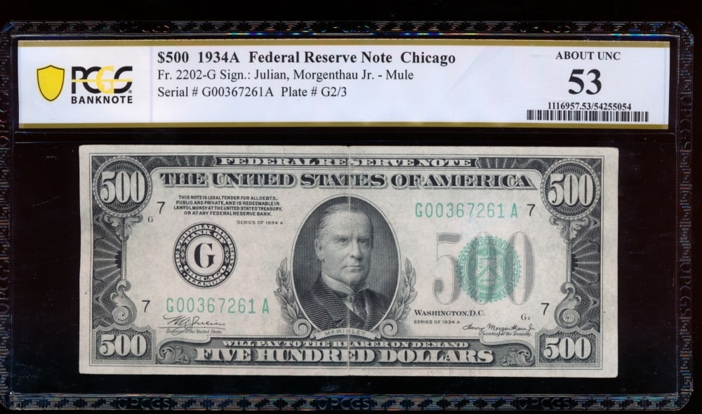 1934A $500 Chicago FRN PCGS 53: One 1934A $500 Chicago FRN PCGS 53.