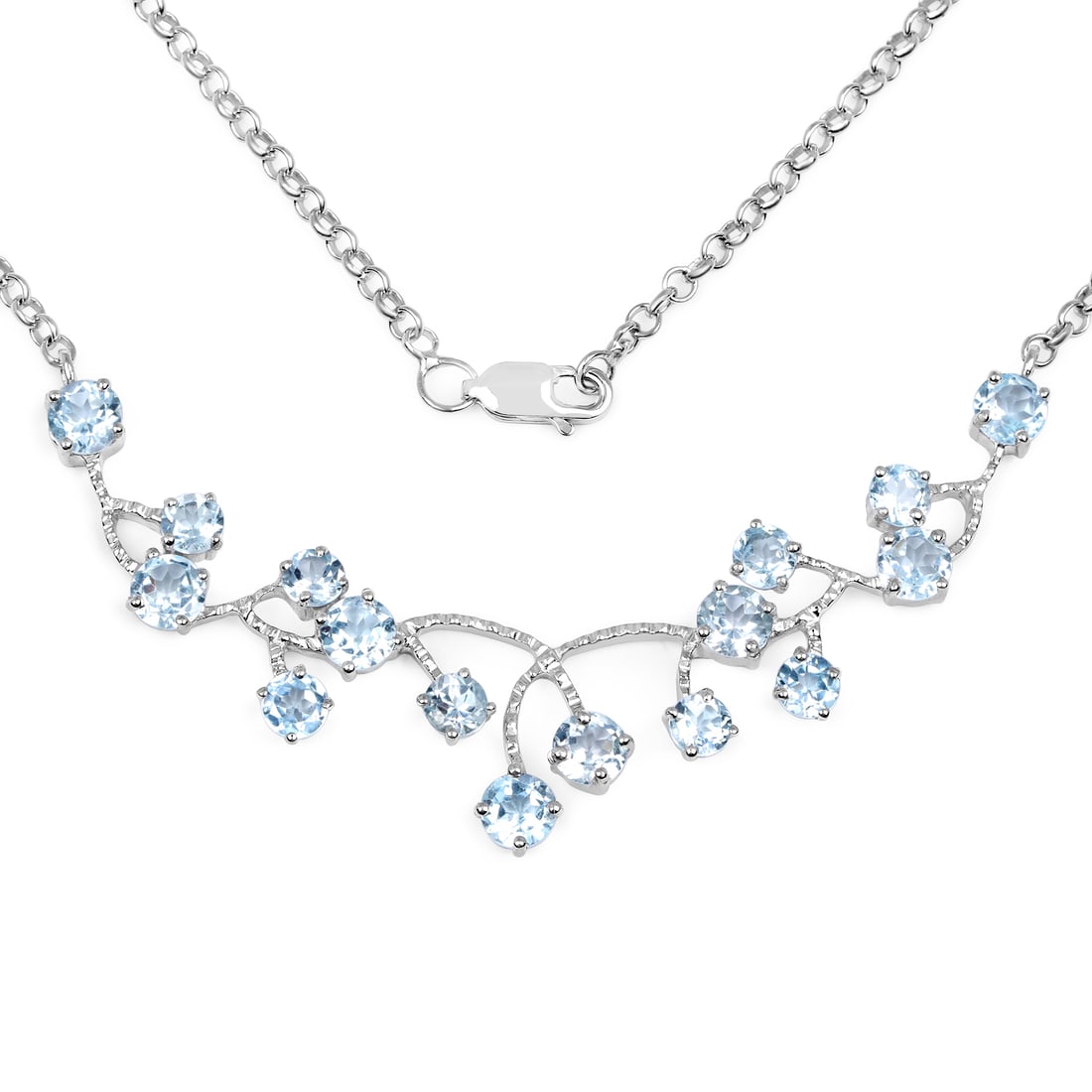 Plated Rhodium 7.36tw Blue Topaz Necklace: This rhodium?plated .925 sterling silver cocktail necklace showcases 7.36 ctw of natural irradiated blue topaz, featuring eight 5.00 mm rounds (4.80 ctw) and eight 4.00 mm rounds (2.56 ctw) arranged
