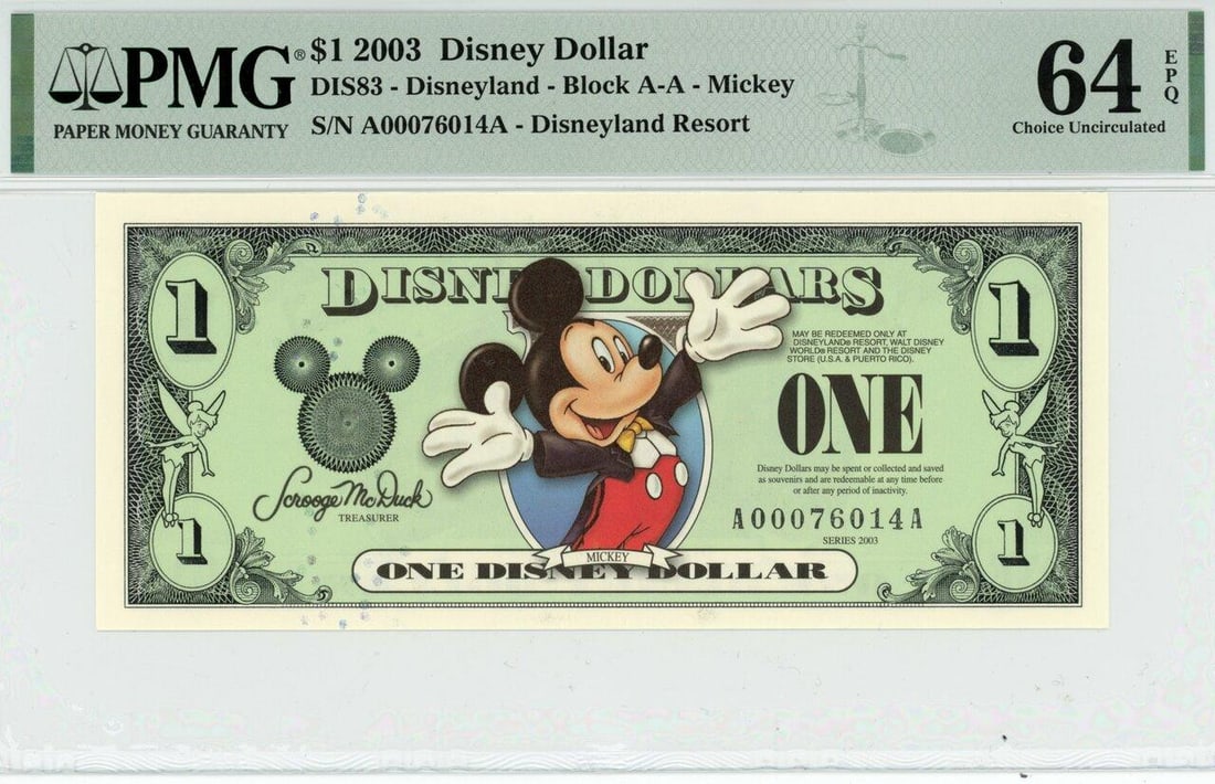 2003 $1 Mickey Disney Dollar PMG 64EPQ: One 2003 $1 Mickey Disney Dollar PMG 64EPQ.