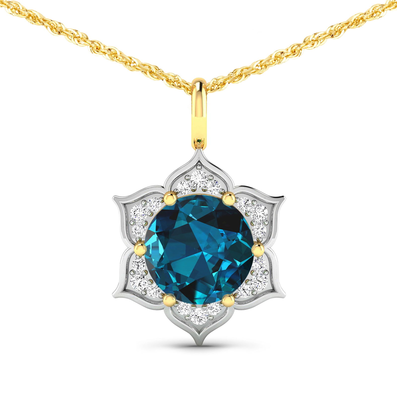 14KT Yellow Gold 2.05ctw London Blue Topaz and Diamond Pendant: London Blue Topaz Round 8.00mm - 1Pc + White Diamond F/C Round 1.30mm - 6Pcs + White Diamond F/C Round 1.10mm - 12Pcs ( White Pan Rhodium ) (SI2/HI color) Total weight of gemstone is 2.05cts. Total