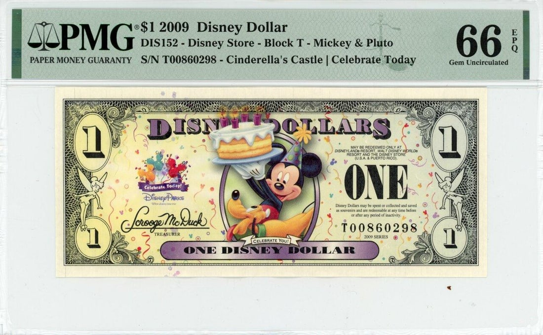 2009 $1 Mickey and Pluto Disney Dollar PMG 66EPQ: One 2009 $1 Mickey and Pluto Disney Dollar PMG 66EPQ.