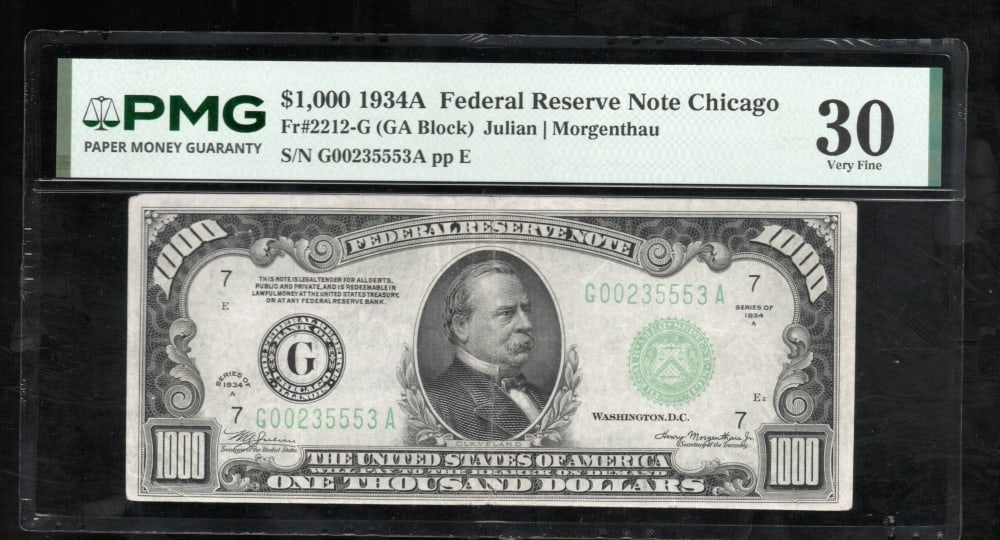 1934A $1000 Chicago FRN PMG 30: One 1934A $1000 Chicago FRN PMG 30.