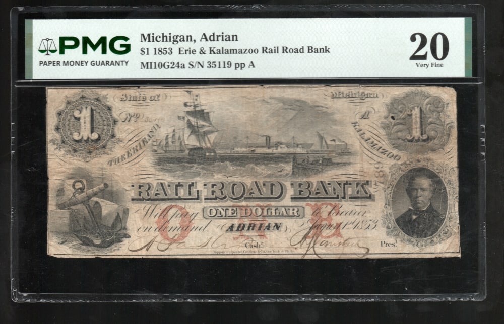 1853 $1 Adrian MI Obsolete PMG 20: One 1853 $1 Adrian MI Obsolete PMG 20.