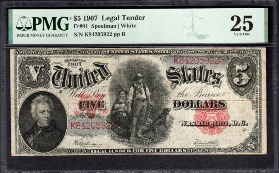 1907 $5 Legal Tender Note PMG 25: One 1907 $5 Legal Tender Note PMG 25.