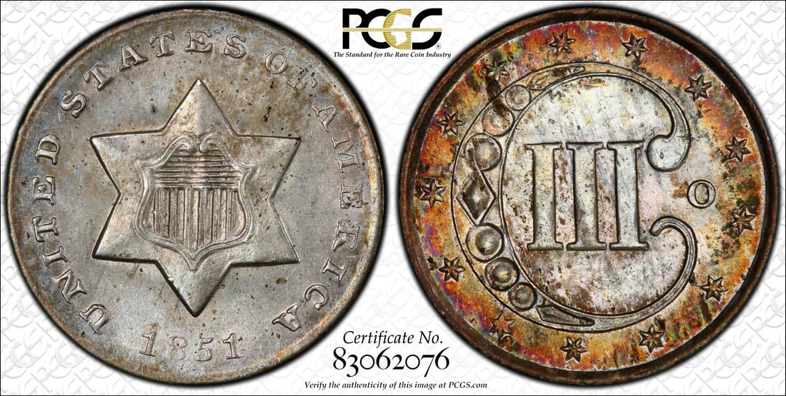 1851-O Three Cent Silver Coin PCGS MS65: One 1851-O Three Cent Silver Coin PCGS MS65.