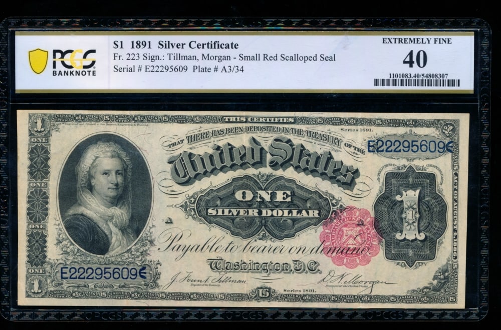 1891 $1 Martha Washington Silver Certificate PCGS 40: One 1891 $1 Martha Washington Silver Certificate PCGS 40.