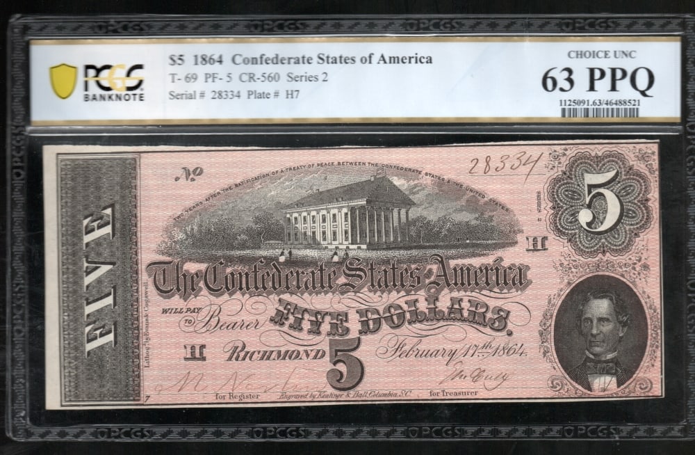 1864 $5 T-69 Confederate PCGS 63PPQ: One 1864 $5 T-69 Confederate PCGS 63PPQ.