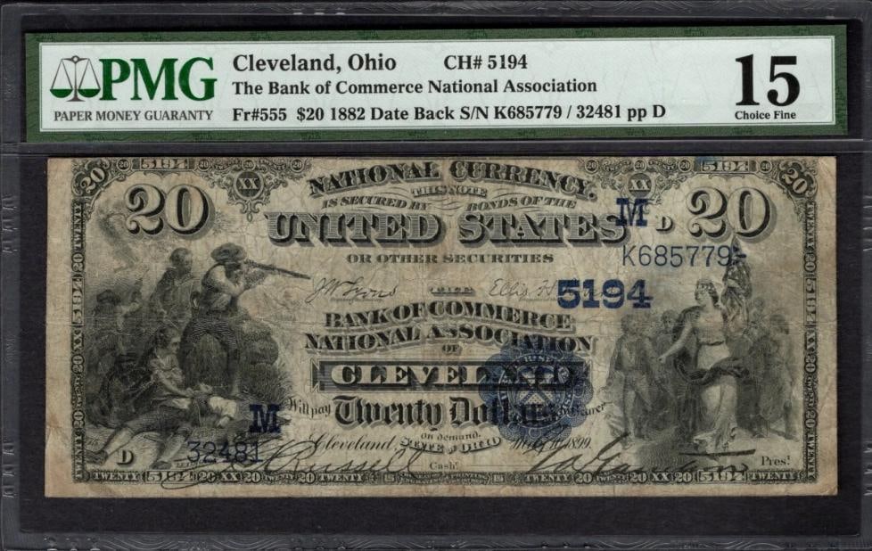 1882 $20 Cleveland OH National PMG 15: One 1882 $20 Cleveland OH National PMG 15.