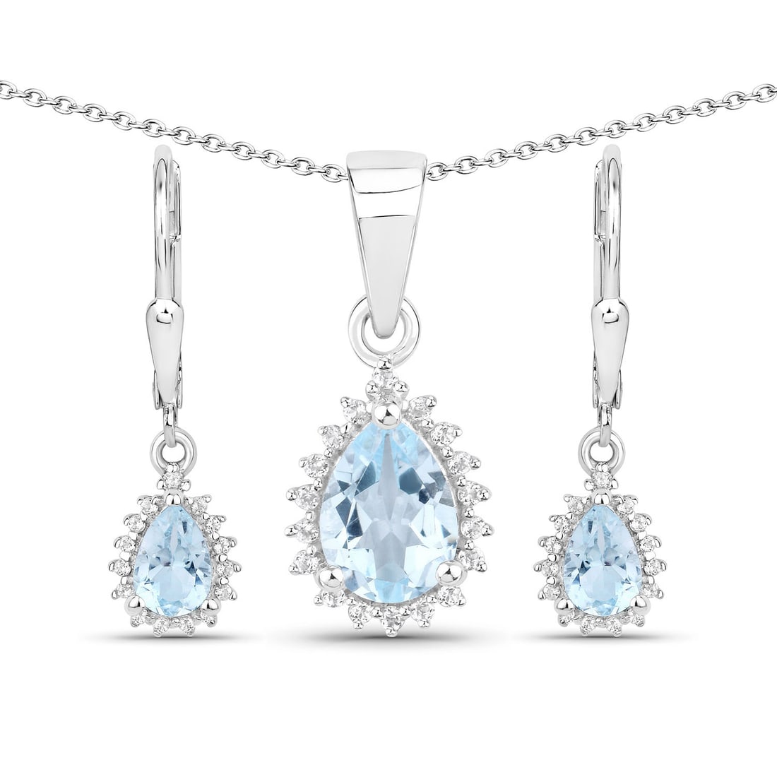 Plated Rhodium 2.00ctw Blue and White Topaz Jewelry Set: This rhodium?plated .925 sterling silver blue topaz jewelry set features 2.00 ctw of natural gemstones, highlighted by one 7×5 mm pear?cut blue topaz (0.85 ctw) and two 6×4 mm pear?cuts totaling