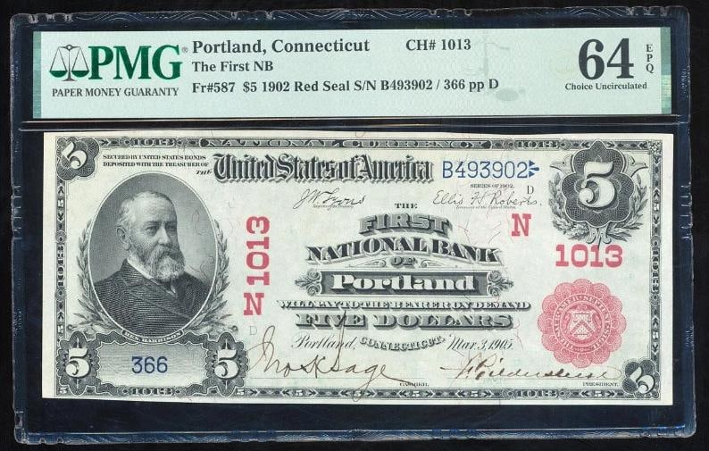 1902 $5 Red Seal Portland CT National PMG 64EPQ: One 1902 $5 Red Seal Portland CT National PMG 64EPQ.