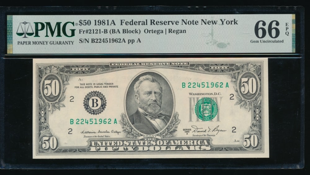 1981A $50 New York FRN PMG 66EPQ: One 1981A $50 New York FRN PMG 66EPQ.