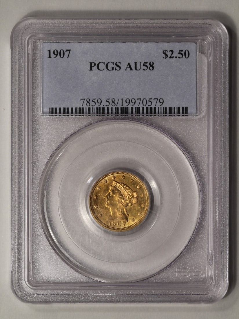1907 $2.5 Liberty Head Quarter Eagle Gold Coin PCGS AU58: One 1907 $2.5 Liberty Head Quarter Eagle Gold Coin PCGS AU58.