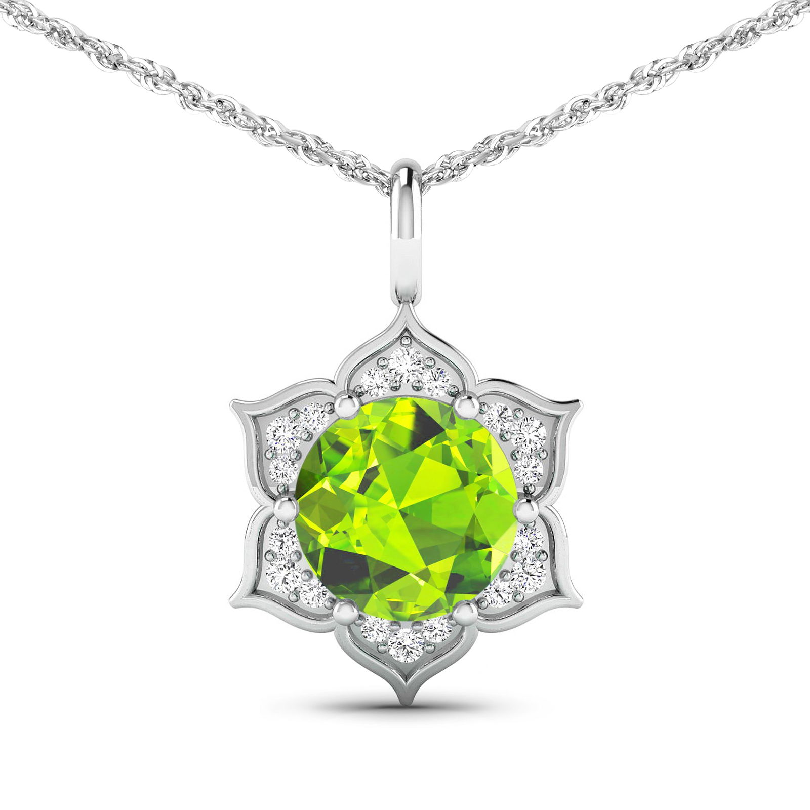 14KT White Gold 1.85ctw Peridot and Diamond Pendant: Peridot Round 8.00mm - 1Pc + White Diamond F/C Round 1.30mm - 6Pcs + White Diamond F/C Round 1.10mm - 12Pcs ( SI2/HI color ) Total weight of gemstone is 1.85cts. Total Diamond weight is 0.14cts.
