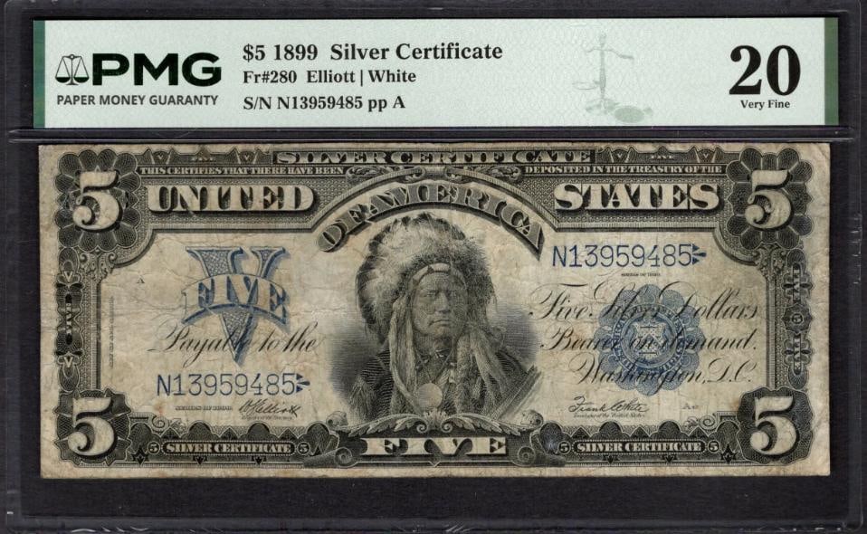 1899 $5 Chief Silver Certificate PMG 20: One 1899 $5 Chief Silver Certificate PMG 20.