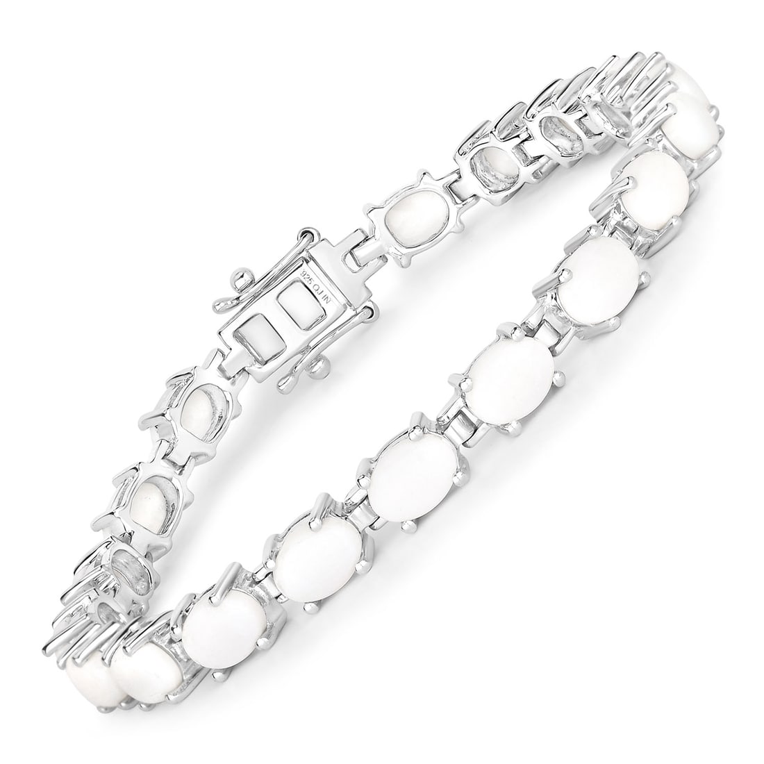 Plated Rhodium 10.26ctw Opal Bracelet: This rhodium?plated .925 sterling silver tennis bracelet features eighteen natural 7×5?mm oval opals totaling 10.26 carats, each prong?set to showcase their luminous white body color and shifting