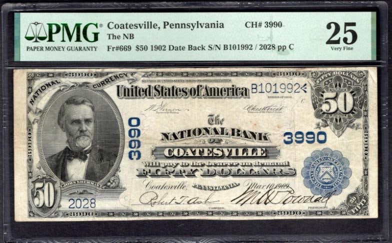 1902 $50 Coatesville PA National PMG 25: One 1902 $50 Coatesville PA National PMG 25.