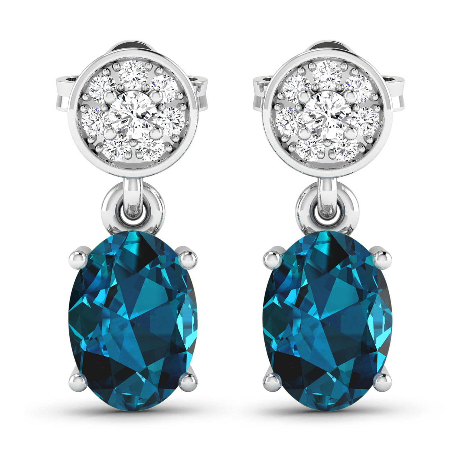 14KT White Gold 1.4ctw London Blue Topaz and Diamond Earrings: London Blue Topaz Oval 7x5mm - 2Pcs + White Diamond F/C Round 1.80mm - 2Pcs + White Diamond F/C Round 1.00mm - 14Pcs ( Push-Post ) (I1-I2/I color) Total weight of gemstones is 1.4cts. Total Diamond