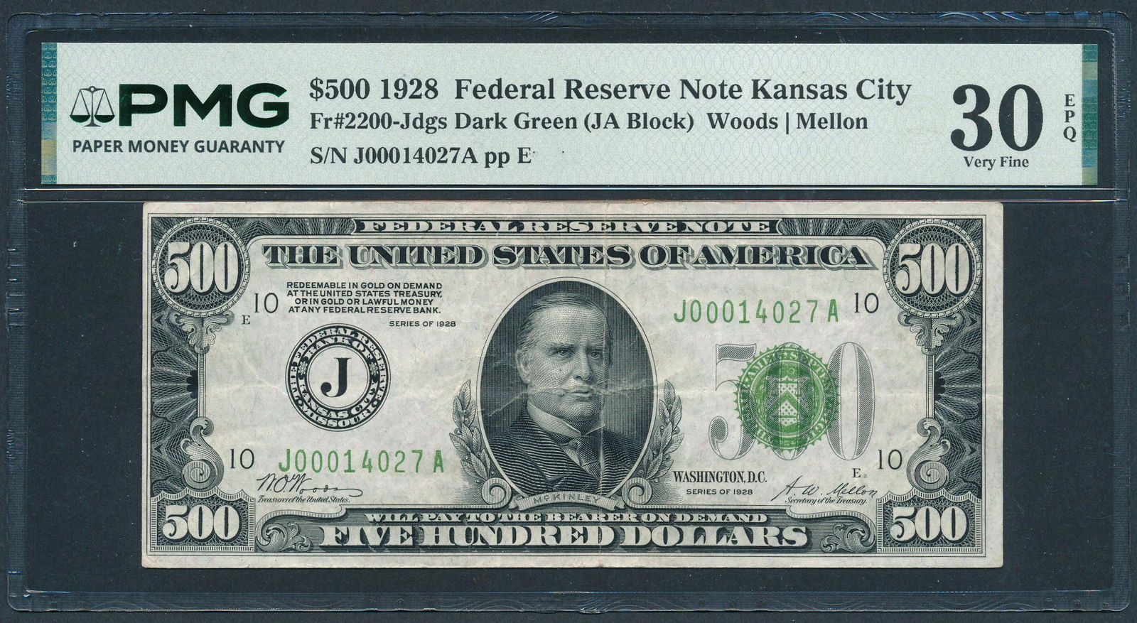 1928 $500 Kansas City FRN PMG 30EPQ: One 1928 $500 Kansas City FRN PMG 30EPQ.