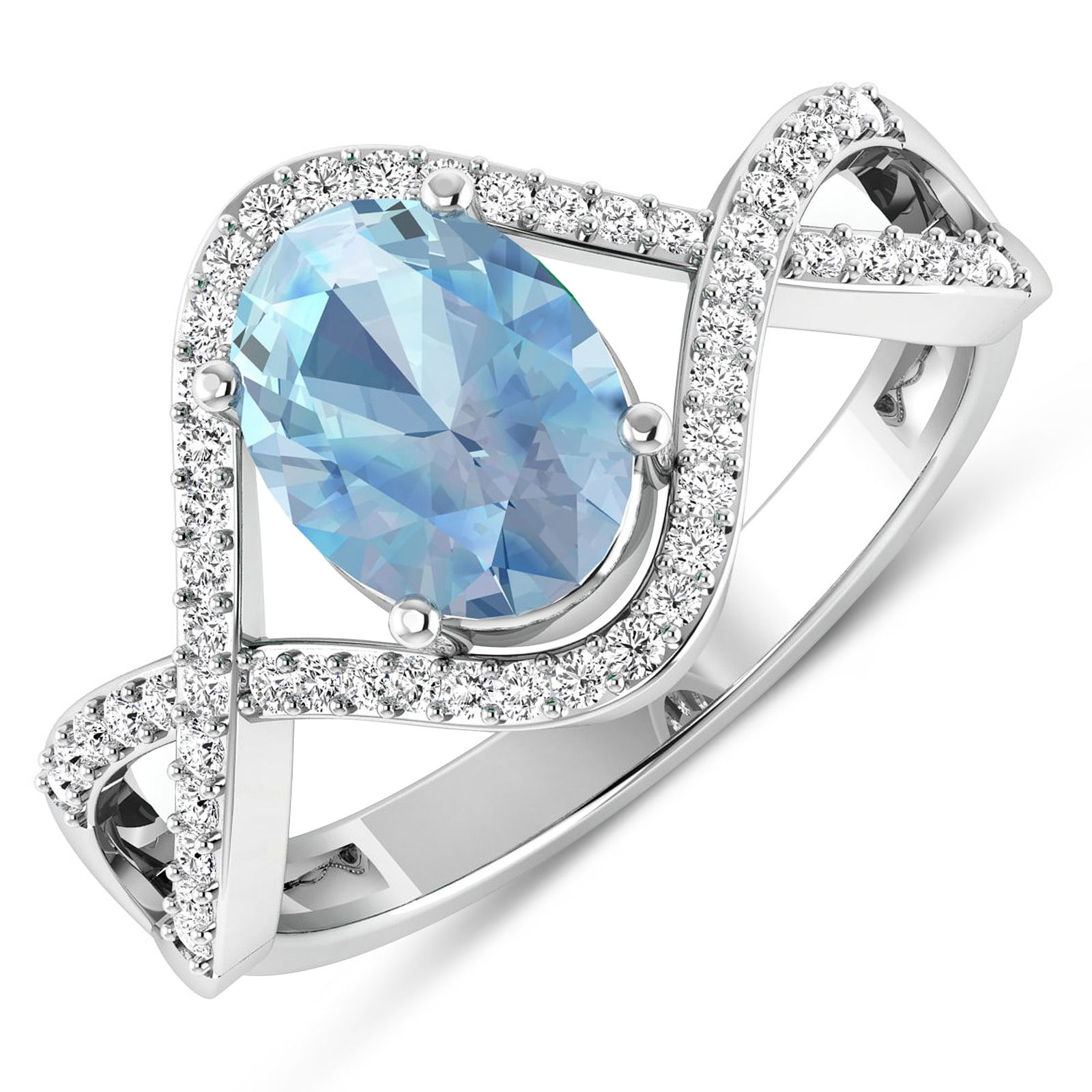 14KT White Gold 0.96ctw Aquamarine and Diamond Ring: Aquamarine (AA+) Oval 8x6mm - 1Pc + White Diamond F/C Round 1.00mm - 52Pcs ( I1-I2/I color ) Total weight of gemstone is 0.96cts. Total Diamond weight is 0.24cts. Total weight of this ring is 2.67