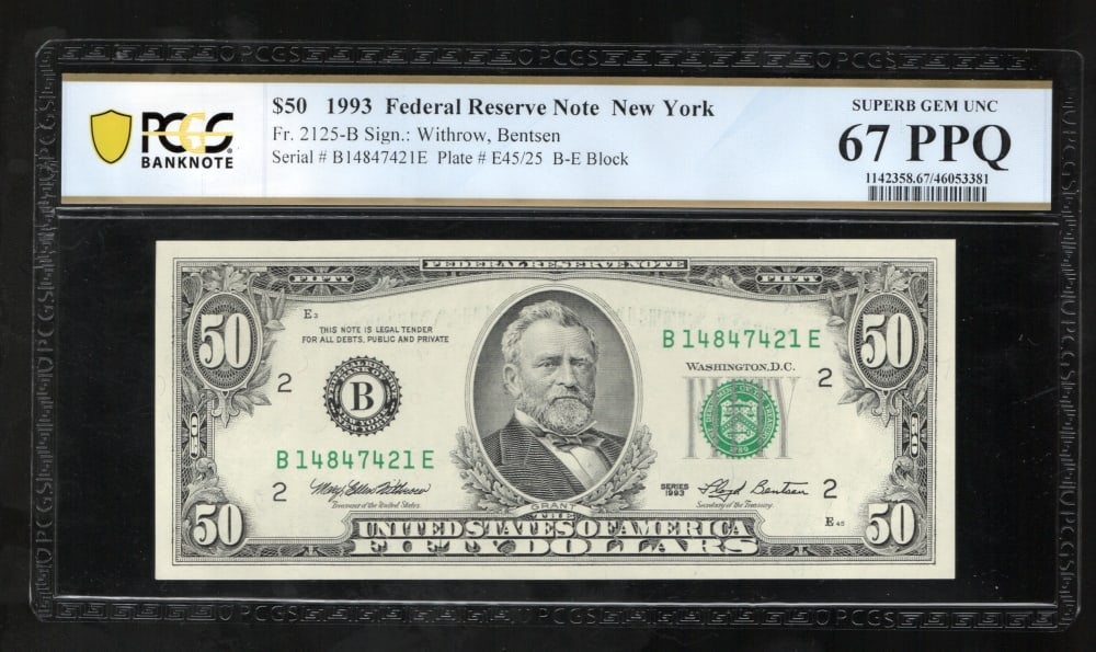 1993 $50 New York FRN PCGS 67PPQ: One 1993 $50 New York FRN PCGS 67PPQ.