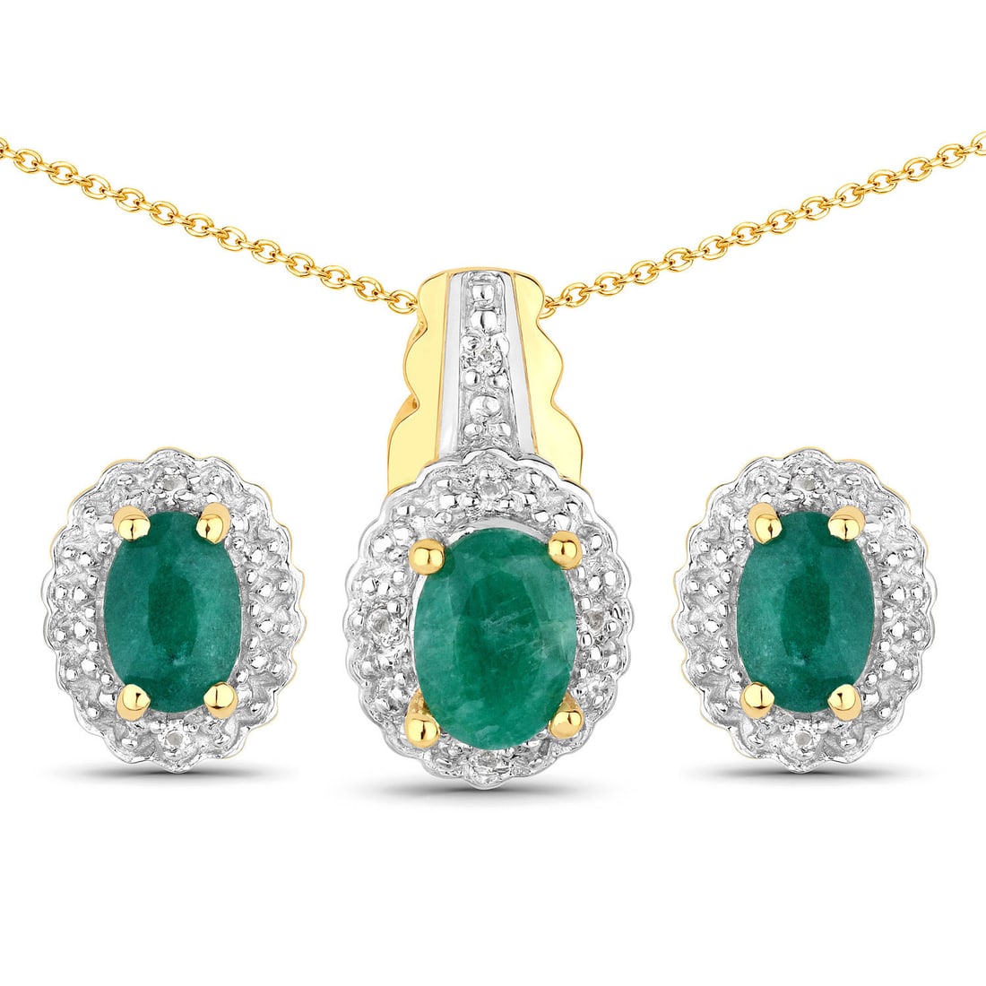 Plated 18KT Yellow Gold 1.71ctw Dyed Emerald and White Topaz Jewelry Set: This women's jewelry set is crafted in .925 sterling silver and finished with luxurious 18K yellow gold plating. Featuring a total of 12 stones and a gross weight of 5.99 grams, it showcases vibrant