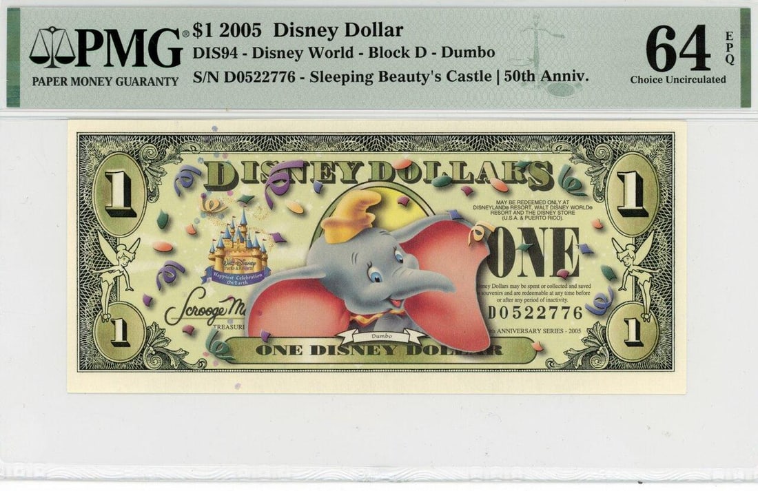 2005 $1 Dumbo Disney Dollar PMG 64EPQ: One 2005 $1 Dumbo Disney Dollar PMG 64EPQ.
