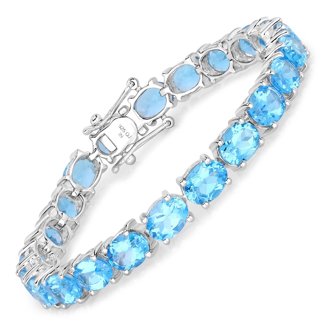 Plated Rhodium 35.20ctw Swiss Blue Topaz Bracelet: This rhodium?plated .925 sterling silver tennis bracelet showcases twenty?two natural Swiss blue topaz stones, each an 8×6?mm oval and prong?set to highlight their bright, high?saturation
